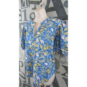 New Ann Taylor LOFT Button Up Top Blue Floral Leaf Women M V-Neck Puff Slv. $55